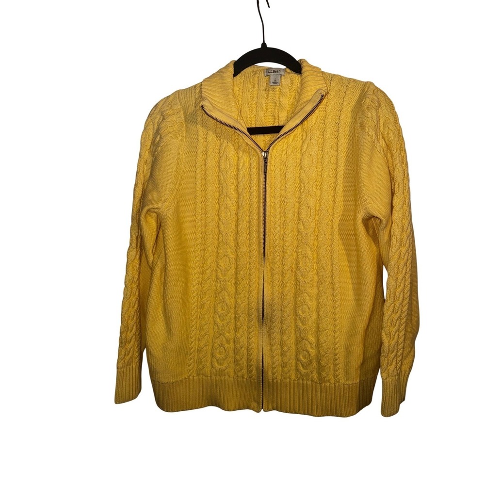 LL Bean Womens PL Yellow Cable Knit Full Zip Cardigan Sweater Mock Neck